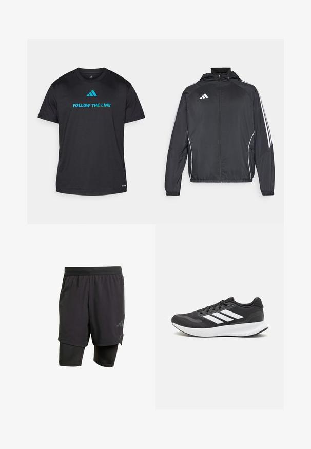 Črna športna jakna s kapuco, z belimi črtami ob rokavih in z zadrgo spredaj. Narejena iz gladkega, lahkega materiala.; Črna športna majica iz lahkega materiala, ki vsebuje napis "SLEDITE ČRTI" v svetlo modri barvi in majhnim logotipom blizu roba.; Črne atletske hlače s integriranim notranjim slojem, narejene iz zračnega materiala. Imajo subtilen logotip in strukturirano teksturo. Prilagodljiv pas.; Črne športne čevlje z zračnim mrežastim zgornjim delom, belimi akcenti in oblazinjeno podplatom. Imajo tri črte logo na strani.