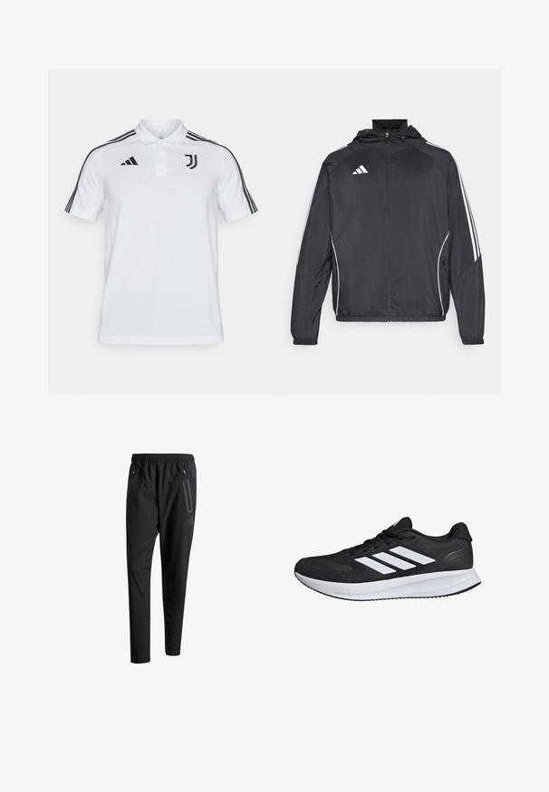 Czarna sportowa kurtka z kapturem, z białymi paskami wzdłuż rękawów i zasuwanym przodem. Wykonana z gładkiego, lekkiego materiału.; Biała koszulka polo z trzema czarnymi paskami na każdym ramieniu, czarnym logo Adidasa i emblematem Juventusu na piersi. Materiał bawełniany.; Czarne spodnie sportowe z elastycznym paskiem w talii, dwiema zasuwanymi kieszeniami bocznymi, zwężanymi nogawkami i subtelnym logo na biodrze.; Czarne buty sportowe z białymi paskami, siateczkowa cholewka, wyściełana podeszwa i teksturowane akcenty. Posiadają sznurowany design oraz logo marki na języku.