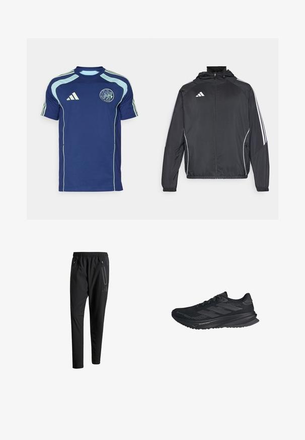 Fekete sportos dzseki kapucnival, fehér csíkokkal az ujjak mentén és cipzáras elülső résszel. Simább, könnyű anyagból készült.; Sötétkék, rövidujjú mez légáteresztő anyagból, világoskék díszítéssel és az Ajax logóval a mellkasán.; Fekete sportos nadrág elasztikus derékpánttal, két cipzáras oldalt zsebbel, tapered lábakkal és diszkrét logóval a csípőn.; Fekete Adidas futócipő Gore-Tex felsőrésszel, három csíkkal az oldalon és "Dreamstrike" felirattal a talpon, külső oldalról nézve.