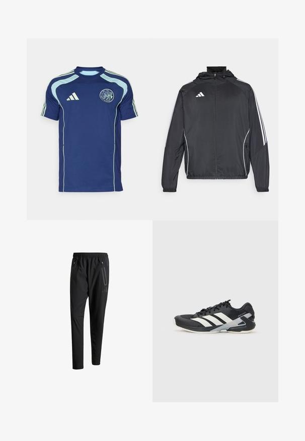 Fekete sportos dzseki kapucnival, fehér csíkokkal az ujjak mentén és cipzáras elülső résszel. Simább, könnyű anyagból készült.; Sötétkék, rövidujjú mez légáteresztő anyagból, világoskék díszítéssel és az Ajax logóval a mellkasán.; Fekete sportos nadrág elasztikus derékpánttal, két cipzáras oldalt zsebbel, tapered lábakkal és diszkrét logóval a csípőn.; Fekete sportcipő fehér csíkokkal, hálós felsőrész, kerek orr és párnázott talp. Texturált sarokkal és biztonságos fűzőrendszerrel rendelkezik.