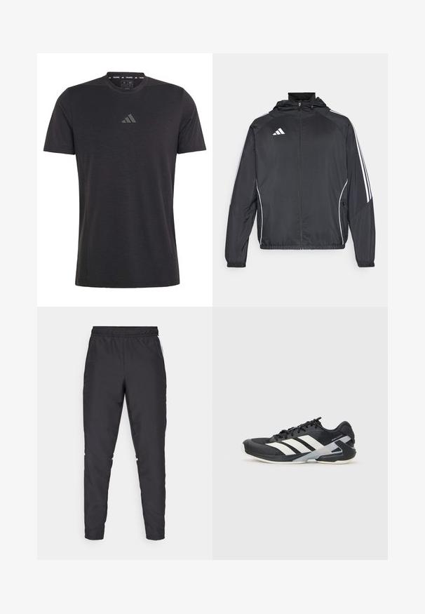 Giacca atletica nera con cappuccio, caratterizzata da strisce bianche lungo le maniche e chiusura con zip frontale. Realizzata in un tessuto liscio e leggero.; T-shirt da allenamento nera a maniche corte realizzata in tessuto leggero, con scollo rotondo e un sottile logo in rilievo sul petto.; Pantaloni sportivi neri con cintura elastica, gambe affusolate e dettagli laterali bianchi. Realizzati in materiale sintetico con una texture liscia.; Scarpa sportiva nera con strisce bianche, tomaia in rete, punta arrotondata e suola ammortizzata. Presenta un tallone testurizzato e un sistema di allacciatura sicuro.