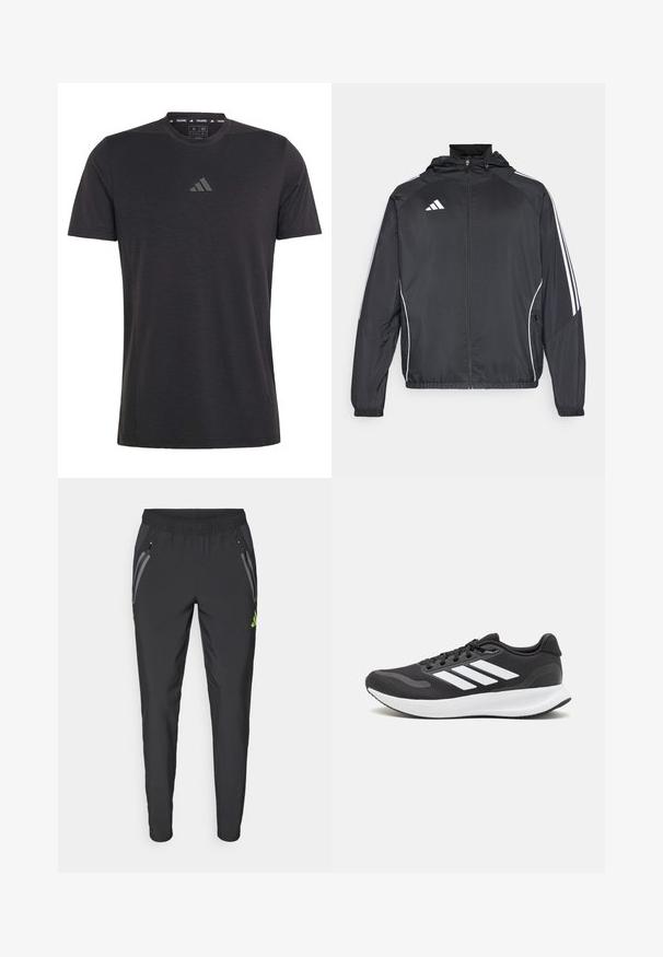 Zwarte sportjack met capuchon, voorzien van witte strepen langs de mouwen en een ritssluiting aan de voorkant. Gemaakt van een gladde, luchtige stof.; Zwarte training T-shirt met korte mouwen van lichtgewicht stof, met een ronde hals en een subtiel reliëf logo op de borst.; adidas Performance REAL MADRID TIRO25 PRO VIS TECH TRAVEL PANT - Fanartikel - black/lucid lemon; Zwart sportief schoen met ademend mesh bovenwerk, witte accenten en een gevoerde zool. Beschikt over een logo met drie strepen aan de zijkant.