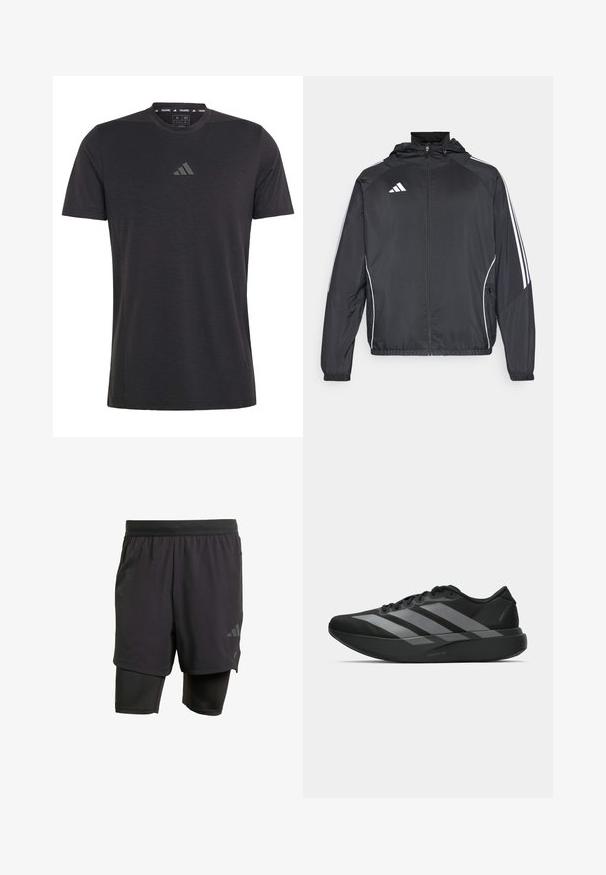 Sort atletisk jakke med hætte, med hvide striber langs ærmerne og lynlås foran. Lavet af et glat, let materiale.; Sort kortærmet træningstrøje lavet af letvægtsstof, med rund hals og et subtilt præget logo på brystet.; Svarte atletiske shorts med integreret inderlag, lavet af åndbart stof. Har diskret logo og struktureret tekstur. Justerbar talje.; Sorte atletiske sko med et let design, der har tre fremtrædende grå striber, en glat overflade og en formet sål.