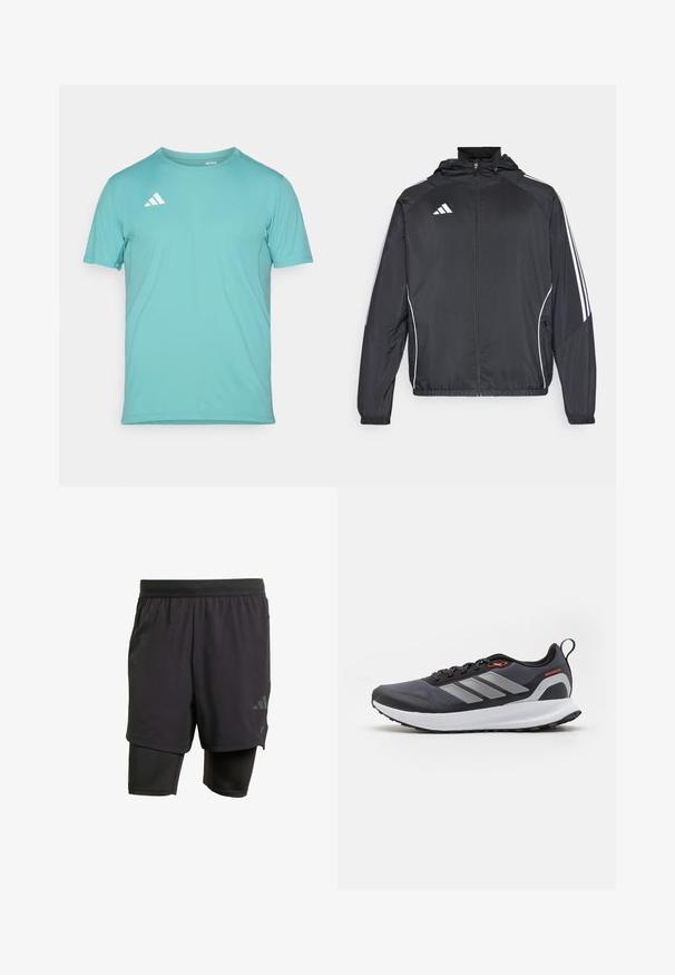 Juodas sportinis džemperis su kapišonu, turintis baltas juosteles palei rankoves ir užtrauktuką priekyje. Pagamintas iš lygaus, lengvo audinio.; Šviesiai mėlynas trumpomis rankovėmis sportinis marškinėliai su apvalia iškirpte, turintis baltą logotipą ant kairiojo peties ir lygų paviršių.; Juodos sportinės šortai su integruota vidine dalimi, pagaminti iš kvėpuojančios medžiagos. Apsaugotas logotipas ir struktūrizuota tekstūra. Reguliuojamas juosmuo.; Juodai bėgimo batai su pilkais akcentais. Turi tekstūruotą viršutinę dalį, tvirtą padą ir atspindinčius juosteles. Lengvas dizainas su paminkštinta vidurinė dalimi.