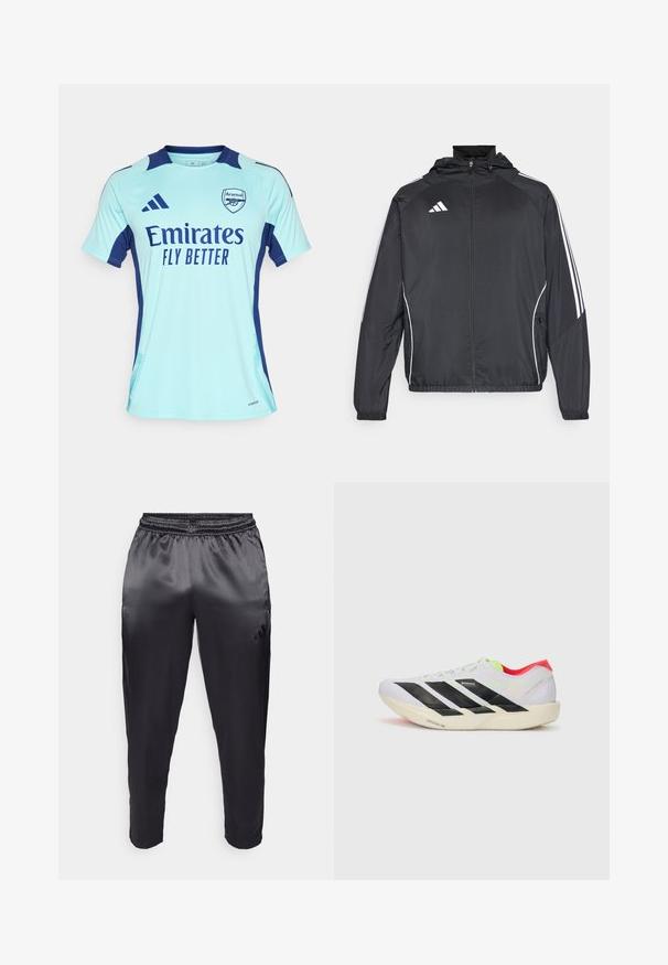 Svart idrottsjacka med huva, med vita ränder längs ärmarna och dragkedja framtill. Tillverkad av ett mjukt, lätt material.; adidas Performance ARSENAL FC 24/25 TIRO24 JERSEY - Fotbollströjor - clear aqua; Svarta träningsbyxor i mjukt, lätt material med elastisk midja. Har en liten logotyp på vänster sida och tapered ben.; Vit löparskor med svarta ränder, neongröna accenter och en röd häl. Har en lätt vikt och en strukturerad sula för grepp.
