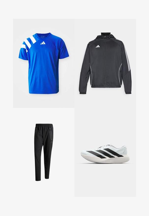 Must värvi sportlik jakk kapuutsiga, millel on valged triibud varrukatel ja lukuga esiosa. Valmistatud siledast, kergest kangast.; Sinine sportlik särk, mis on valmistatud kergest kangast, millel on valged diagonaalsed triibud vasaku õla peal ja väljatrükitud logo rinnal.; Mustavad spordipüksid elastse vöökoha, kahe tõmblukuga küljetasku, kitsenevate säärete ning õrna logodetailiga puusadel.; Kerged jooksujalatsid helesinises värvuses mustade triipudega. Omavad siledat pealispinda, ümarat varvase osa ja paksu valget vahemõõtu, millel on silt "LIGHTSTRIKE PRO".