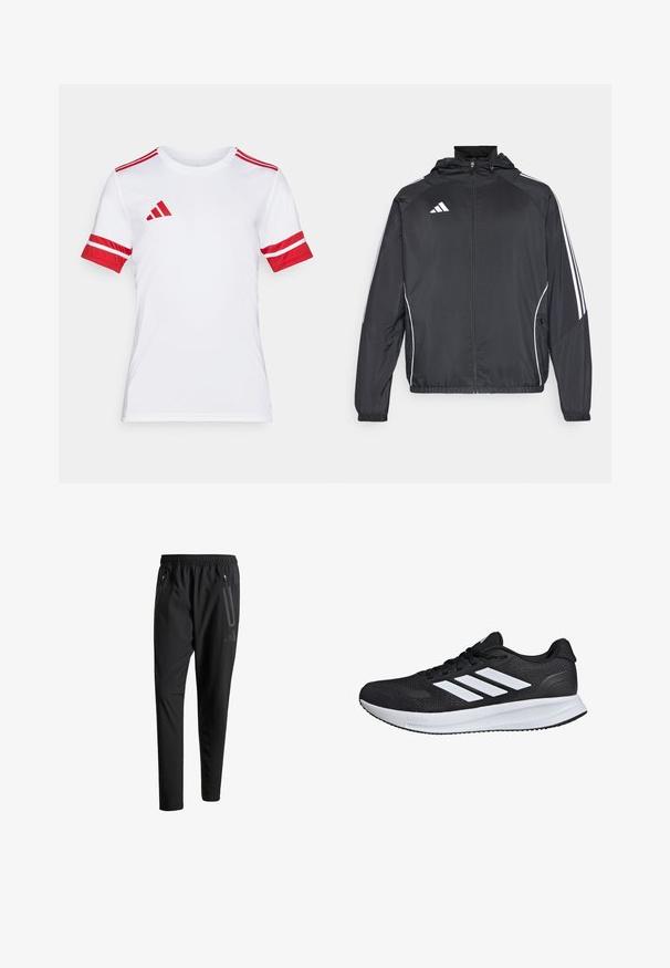 Musta urheilu takki hupulla, jossa on valkoiset raidat hihoissa ja vetoketjuzulu etupuolella. Valmistettu sileästä, kevyestä kankaasta.; Valkoinen urheilullinen lyhythihainen paita, jossa on punaisia yksityiskohtia, mukaan lukien raidalliset hihat ja olkaosuudet, valmistettu sileästä ja kestävästä kankaasta.; Mustat urheiluhousut, joissa on joustava vyötärö, kaksi vetoketjullista sivutaskua, kapenevat lahkeet ja hillitty logokuvaus lonkalla.; Musta urheilukenkä, jossa on valkoiset raidat, verkkomateriaali, pehmustettu pohja ja teksturoidut yksityiskohdat. Kenkässä on nauhakiinnitys ja brändin logo kielen päällä.
