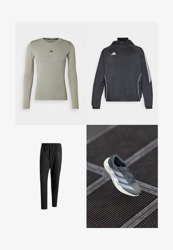 Crna atletska jakna s kapuljačom, s bijelim prugama duž rukava i zatvaranjem na zip. Izrađena od glatkog, laganog materijala.; Majica dugih rukava sportske namjene svijetlozelene boje. Ima okrugli izrez, prilagođen kroj i mali crni logo na prsima.; Crne atletske hlače s elastičnim pojasom, dva bočna džepa sa zatvaračem, suženi nogavici i diskretnim logotipom na kuku.; Sportska cipela u sivoj i bijeloj boji, izrađena od sintetičkog materijala, s aerodinamičnim dizajnom, teksturiranom površinom i istaknutim sistemom vezivanja.