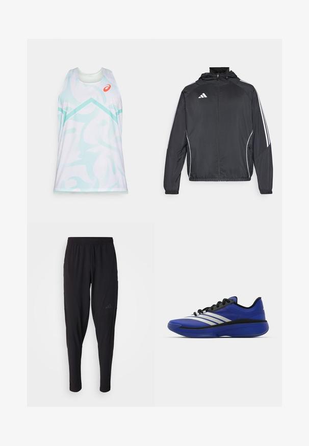 Czarna sportowa kurtka z kapturem, z białymi paskami wzdłuż rękawów i zasuwanym przodem. Wykonana z gładkiego, lekkiego materiału.; Bezramionowy sportowy tank top w białym kolorze z jasnoniebieskimi, abstrakcyjnymi wzorami, z okrągłym dekoltem i pomarańczowym akcentem logo na klatce piersiowej.; Czarne spodnie sportowe z elastycznym pasem, zwężanym krojem, bocznymi kieszeniami i subtelnym logo. Wykonane z elastycznego, przewiewnego materiału.; adidas Performance ADIZERO SELECT 3.0 niebieski