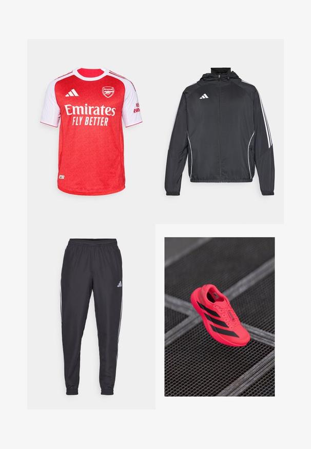 Schwarze Sportjacke mit Kapuze, ausgestattet mit weißen Streifen an den Ärmeln und einem Reißverschluss vorne. Hergestellt aus einem glatten, leichten Stoff.; Rotes und weißes Arsenal-Fußballtrikot mit kurzen Ärmeln, das ein strukturiertes Muster, das Logo "Emirates Fly Better" und Adidas-Streifen aufweist.; Schwarze Sporthosen mit elastischem Bund, mit weißen Streifen an den Seiten und einem kleinen Logo an der Hüfte. Glatte Textur.; Helle pinke Laufschuhe mit schwarzen Streifen, aus leichtem Mesh-Material gefertigt, mit einer strukturierten Sohle und Schnürdesign.