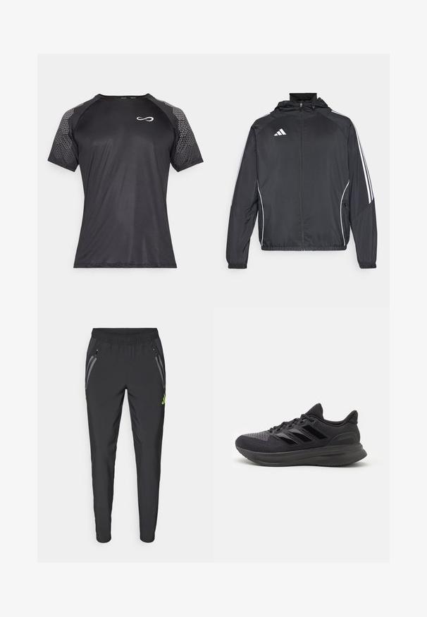 Schwarze Sportjacke mit Kapuze, ausgestattet mit weißen Streifen an den Ärmeln und einem Reißverschluss vorne. Hergestellt aus einem glatten, leichten Stoff.; Endless FEISTY HEXAGON - T-Shirt print - black; adidas Performance REAL MADRID TIRO25 PRO VIS TECH TRAVEL PANT - Vereinsmannschaften - black/lucid lemon; Schwarzer Sportschuh mit strukturiertem Obermaterial aus Stoff, Gummisohle und drei glänzenden schwarzen Streifen an der Seite. Abgerundete Zehenpartie und gepolsterte Ferse.