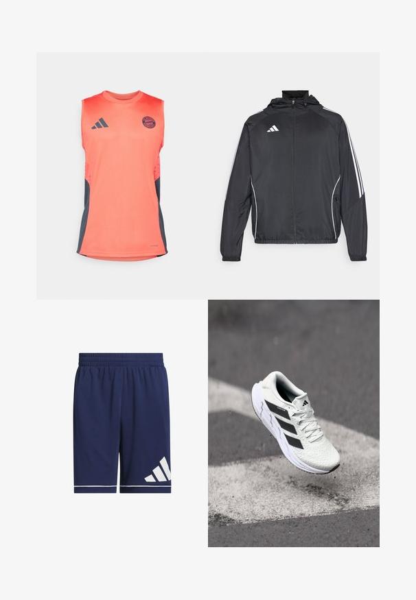 Sort atletisk jakke med hætte, med hvide striber langs ærmerne og lynlås foran. Lavet af et glat, let materiale.; Koral ærmeløs atletisk skjorte med mørkegrå sidelæg. Har Adidas-logo og FC Bayern München-emblem. Lavet af letvægtsstof.; Marine athletic shorts lavet af letvægtsstof, med en elastisk talje, hvide accentstriber og et kontrasterende hvidt logo på venstre side.; Hvid atletisk sko med tekstureret netoverdel, sorte striber, snørebåndslukning og en polstret sål, som svæver over en markeret vejoverflade.