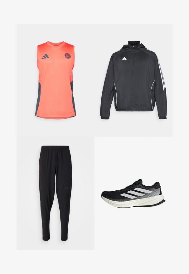 Zwarte sportjack met capuchon, voorzien van witte strepen langs de mouwen en een ritssluiting aan de voorkant. Gemaakt van een gladde, luchtige stof.; Koraal kleurig mouwloos sportshirt met donkergrijze zijpanelen. Voorzien van het Adidas-logo en het embleem van FC Bayern München. Gemaakt van lichte stof.; Zwarte sportbroek met een elastische tailleband, taps toelopend ontwerp, zijzakken en subtiele logodetails. Gemaakt van flexibele, ademende stof.; Zwarte sportieve schoen met een mesh ontwerp, voorzien van witte strepen, een ronde neus en een gestructureerde zool voor grip en ondersteuning.