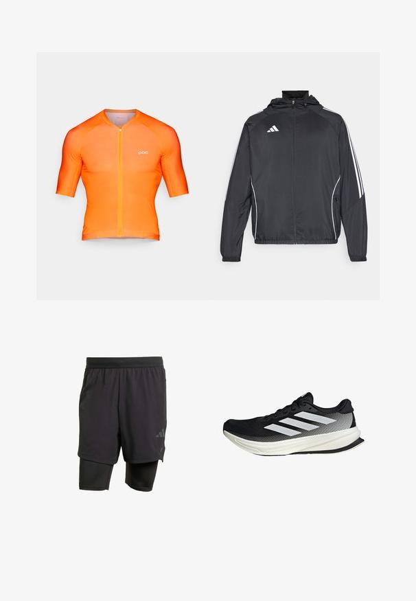 Veste de sport noire avec capuche, présentant des bandes blanches le long des manches et un devant zippé. Fabriquée en tissu léger et lisse.; Maillot de cyclisme à manches courtes en dégradé d'orange, fabriqué en tissu extensible, avec une fermeture éclair sur le devant, un col rond et un petit logo sur le devant.; Shorts de sport noirs avec une couche intérieure intégrée, fabriqués en tissu respirant. Présentent un logo discret et une texture structurée. Ceinture ajustable.; Chaussure de sport noire avec un design en maille, ornée de rayures blanches, à bout arrondi et avec une semelle texturée pour une meilleure adhérence et un soutien accru.