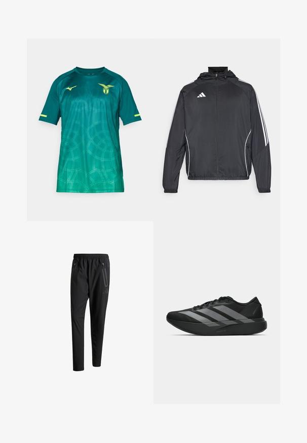 Svart sportsjakke med hette, med hvite striper langs ermene og glidelås foran. Laget av et glatt, lett stoff.; Grønn gradient sportsjersey med korte ermer, rund hals og et teksturert sirkulært mønster. Inkluderer en logo og gule detaljer.; Svarte treningsbukser med elastisk liv, to glidelåslommer på sidene, avsmalnende ben og en subtil logo detalj ved hoften.; Sorte svarte treningssko med lett design, med tre fremtredende grå striper, en glatt tekstur og en formet såle.