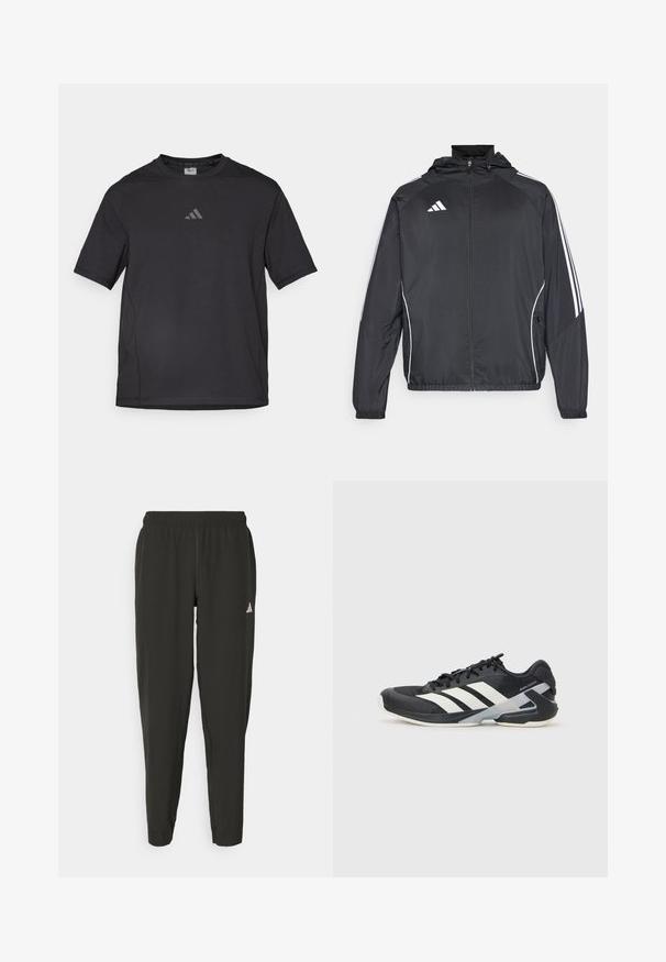 Veste de sport noire avec capuche, présentant des bandes blanches le long des manches et un devant zippé. Fabriquée en tissu léger et lisse.; T-shirt de sport noir en matériau respirant, à manches courtes, avec un col rond et un logo réfléchissant sur la poitrine.; Pantalons de sport noirs avec une taille élastique, coupe slim et logo blanc sur la jambe gauche. Tissu lisse et léger.; Chaussure de sport noire avec des rayures blanches, tige en mesh, bout arrondi et semelle rembourrée. Comprend un talon texturé et un système de laçage sécurisé.