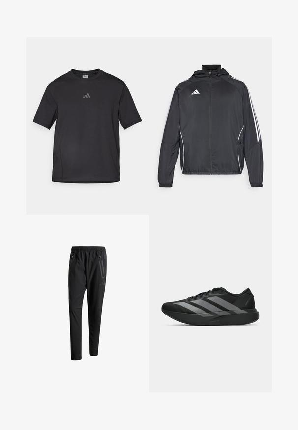 Zwarte sportjack met capuchon, voorzien van witte strepen langs de mouwen en een ritssluiting aan de voorkant. Gemaakt van een gladde, luchtige stof.; Zwart sport t-shirt van ademend materiaal, met korte mouwen, een ronde hals en een reflecterende logo op de borst.; Zwarte sportbroeken met een elastische tailleband, twee ritszakken aan de zijkant, taps toelopende pijpen en een subtiele logo-detail op de heup.; Zwarte sportieve schoenen met een lichtgewicht ontwerp, voorzien van drie opvallende grijze strepen, een gladde textuur en een gevormde zool.