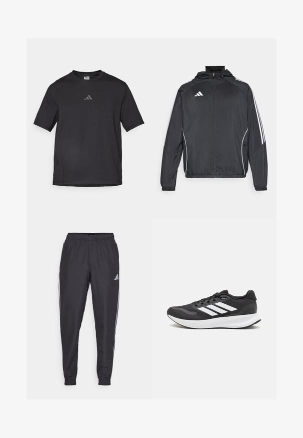 Veste de sport noire avec capuche, présentant des bandes blanches le long des manches et un devant zippé. Fabriquée en tissu léger et lisse.; T-shirt de sport noir en matériau respirant, à manches courtes, avec un col rond et un logo réfléchissant sur la poitrine.; Pantalons de sport noirs avec une taille élastique, présentant des rayures blanches sur les côtés et un petit logo sur la hanche. Texture lisse.; Baskets de sport noires avec tige en mesh respirant, accents blancs et semelle rembourrée. Présente le logo à trois bandes sur le côté.