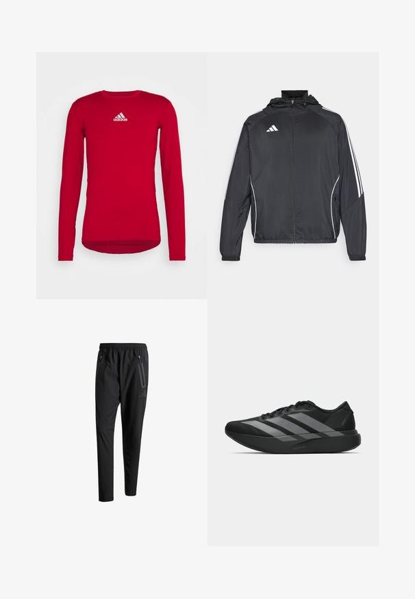 Giacca atletica nera con cappuccio, caratterizzata da strisce bianche lungo le maniche e chiusura con zip frontale. Realizzata in un tessuto liscio e leggero.; Maglietta atletica rossa a maniche lunghe realizzata in tessuto elastico, con collo rotondo e logo bianco Adidas sulla parte superiore frontale. Texture liscia.; Pantaloni sportivi neri con vita elastica, due tasche laterali con cerniera, gambe affusolate e un sottile dettaglio del logo sull'anca.; Scarpe sportive nere con un design leggero, caratterizzate da tre strisce grigie prominenti, una superficie liscia e una suola sagomata.