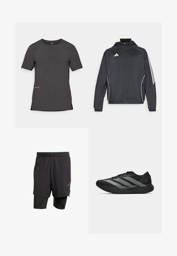 Sort atletisk jakke med hætte, med hvide striber langs ærmerne og lynlås foran. Lavet af et glat, let materiale.; Korte ærmer, sort atletisk T-shirt med perforeret mønster, sidedelinger og orange logo-detalje ved kanten. Glat, letvægtsstof.; Svarte atletiske shorts med integreret inderlag, lavet af åndbart stof. Har diskret logo og struktureret tekstur. Justerbar talje.; Sorte atletiske sko med et let design, der har tre fremtrædende grå striber, en glat overflade og en formet sål.