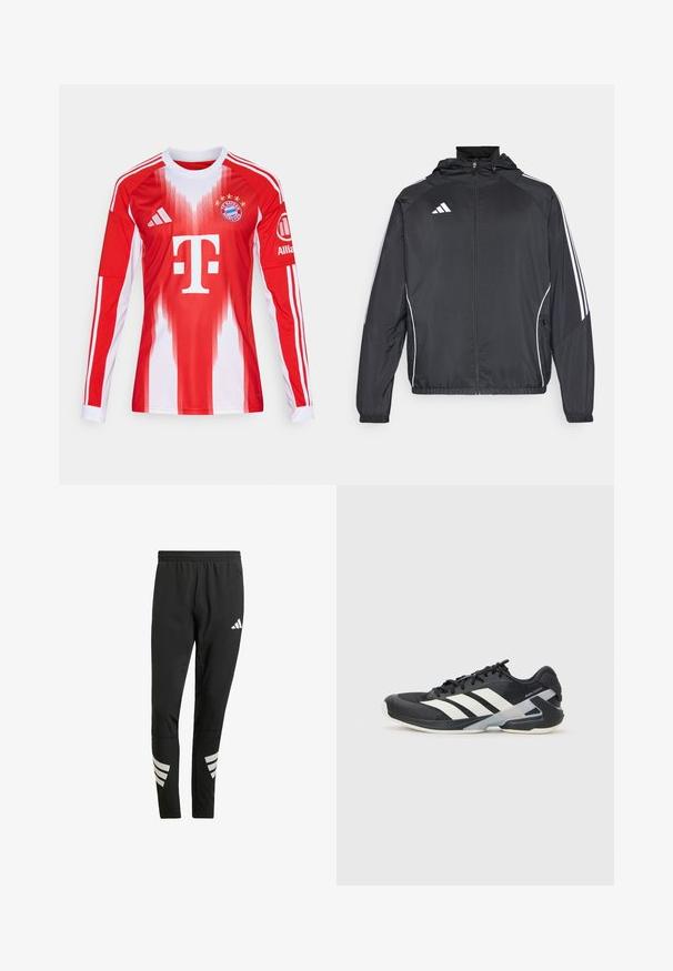 Veste de sport noire avec capuche, présentant des bandes blanches le long des manches et un devant zippé. Fabriquée en tissu léger et lisse.; Maillot de football à manches longues rouge et blanc présentant des dégradés, le logo du club et trois bandes sur les manches, fabriqué en matériau respirant.; Pantalons de sport noirs avec une taille élastique, présentant des accents blancs réfléchissants en motif rayé sur les jambes inférieures. Fabriqués dans un tissu lisse.; Chaussure de sport noire avec des rayures blanches, tige en mesh, bout arrondi et semelle rembourrée. Comprend un talon texturé et un système de laçage sécurisé.