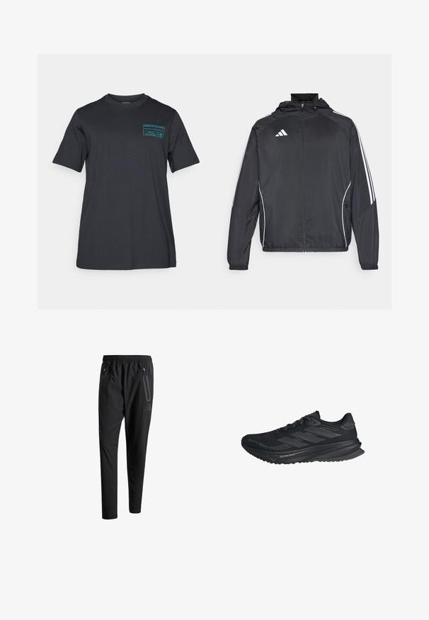 Black athletic jacket with a hood, featuring white stripes along the sleeves and a zippered front. Made from a smooth, lightweight fabric.; Black cotton t-shirt with short sleeves and a round neck. Features a teal graphic print on the left chest area. Simple, casual design.; Black athletic pants with an elastic waistband, two zippered side pockets, tapered legs, and a subtle logo detail on the hip.; Black Adidas running shoe with Gore-Tex upper, three stripes on the side, and "Dreamstrike" on the sole, viewed from the outer side.