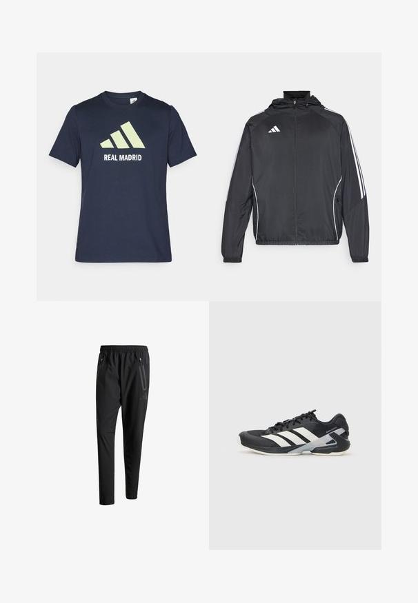 Svart sportsjakke med hette, med hvite striper langs ermene og glidelås foran. Laget av et glatt, lett stoff.; Mørkeblå bomull T-skjorte med et stort lysegrønt Adidas-logo og teksten "REAL MADRID" i hvitt. Korte ermer, klassisk rund hals.; Svarte treningsbukser med elastisk liv, to glidelåslommer på sidene, avsmalnende ben og en subtil logo detalj ved hoften.; Svart treningssko med hvite striper, mesh-overdel, avrundet tå og polstret såle. Har en teksturert hæl og et sikkert snøresystem.