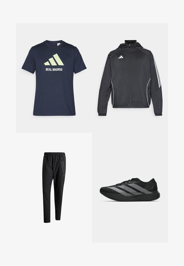 Chaqueta atlética negra con capucha, con rayas blancas a lo largo de las mangas y un cierre frontal con cremallera. Hecha de un tejido suave y ligero.; Camiseta de algodón azul marino con un gran logo de Adidas en verde claro y el texto "REAL MADRID" en blanco. Manga corta, diseño clásico de cuello redondo.; Pantalones deportivos negros con una cintura elástica, dos bolsillos laterales con cremallera, piernas ajustadas y un discreto detalle de logo en la cadera.; Zapatillas deportivas negras con un diseño ligero, que presentan tres franjas grises prominentes, una textura suave y una suela contorneada.