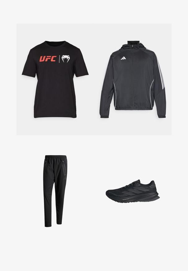Sort atletisk jakke med hætte, med hvide striber langs ærmerne og lynlås foran. Lavet af et glat, let materiale.; Sort bomulds t-shirt med korte ærmer. Har rødt "UFC" logo og hvid slange grafik på fronten. Rund halsudskæring, glat tekstur.; Sorte atletiske bukser med elastisk talje, to lynlåslommer på siden, tætsiddende ben og en diskret logo-detalje på hoften.; Sort Adidas løbesko med Gore-Tex overdel, tre striber på siden og "Dreamstrike" på sålen, set fra ydersiden.