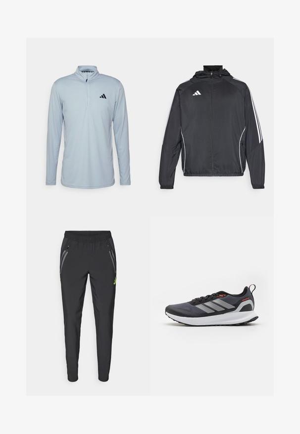 Schwarze Sportjacke mit Kapuze, ausgestattet mit weißen Streifen an den Ärmeln und einem Reißverschluss vorne. Hergestellt aus einem glatten, leichten Stoff.; Helles blaues Sportoberteil mit langen Ärmeln und einem Halsriegel mit halbem Reißverschluss, ausgestattet mit einem schwarzen Adidas-Logo auf der linken Brust. Glattes, leichtes Material.; adidas Performance REAL MADRID TIRO25 PRO VIS TECH TRAVEL PANT - Vereinsmannschaften - black/lucid lemon; Laufschuhe in Schwarz mit grauen Akzenten. Verfügt über ein strukturiertes Obermaterial, eine robuste Sohle und reflektierende Streifen. Leichtes Design mit einer gepolsterten Zwischensohle.