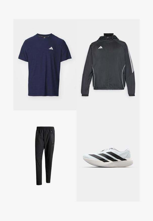 Černá sportovní bunda s kapucí, s bílými pruhy podél rukávů a s předním zipem. Vyrobena z hladkého, lehkého materiálu.; Námořnická modrá tričko s krátkým rukávem vyrobené z texturované tkaniny, s kulatým výstřihem a bílým logem na levé hrudi.; Černé sportovní kalhoty s elastickým pasem, dvěma zipovými bočními kapsami, zúženými nohavicemi a decentním logem na boku.; Lehké běžecké boty v světle modré barvě s černými pruhy. Mají hladký svršek, kulatou špičku a silnou bílou mezipodešev označenou "LIGHTSTRIKE PRO."