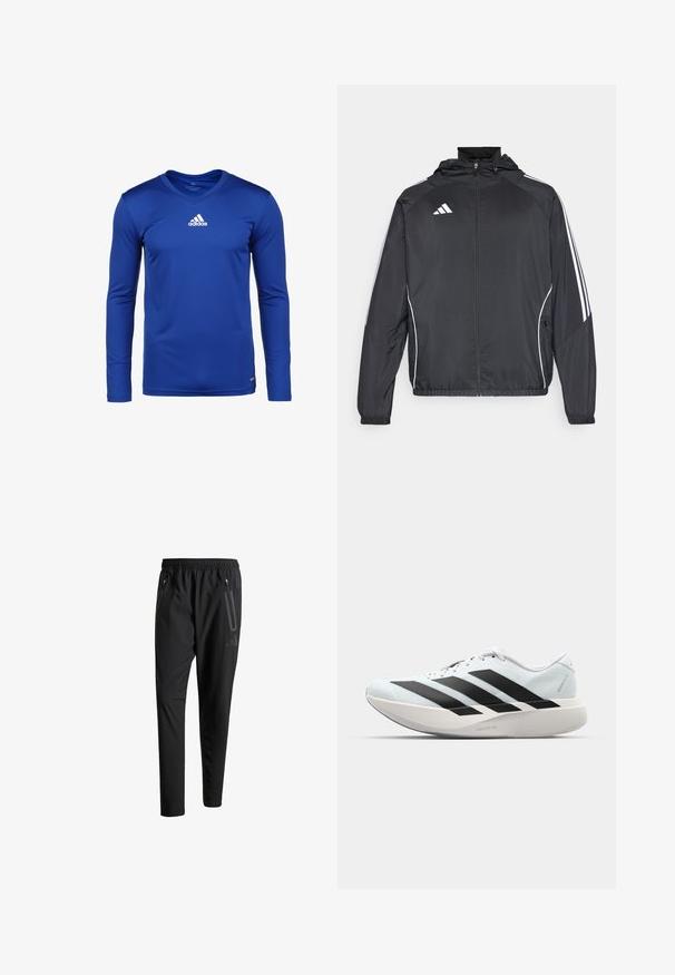 Čierna športová bunda s kapucňou, ktorá má biele pruhy pozdĺž rukávov a zips v prednej časti. Vyrobená z hladkej, ľahkej tkaniny.; Modré športové tričko s dlhým rukávom, vyrobené z tkaniny, ktorá odvádza vlhkosť, s výstrihom do V a bielym logom Adidas na hrudi.; Čierne športové nohavice s elastickým pásom, dvoma bočnými zipsovými vreckami, zužujúcimi sa nohavicami a nenápadným detailom loga na bokoch.; Ľahké bežecké topánky v svetlomodrej farbe s čiernymi pruhmi. Majú hladký zvršok, okrúle špičky a hrubú bielu medzipodrážku označenú "LIGHTSTRIKE PRO."