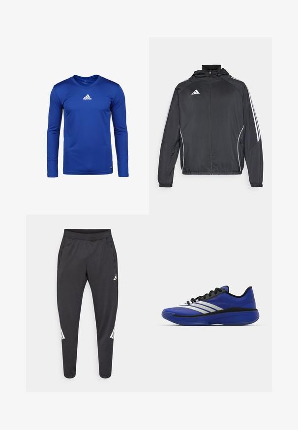 Melnā sporta jaka ar kapuci, ar baltām svītrām pa piedurknēm un ar rāvējslēdzēju priekšpusē. Izgatavota no gludas, vieglas auduma.; Garais piedurkņu zilais sporta krekls, kas izgatavots no mitrumu izturoša auduma, ar v-veida kaklu un baltu Adidas logotipu uz krūšu daļas.; Melnas sporta bikses ar šaurākiem galiem, elastīgu jostasvietu, sānu kabatām, kā arī baltu logo un svītru detaļām. Izgatavotas no gluda, viegla materiāla.; adidas Performance ADIZERO SELECT 3.0 - Basketbola apavi - lucid blue/core black/metallic
