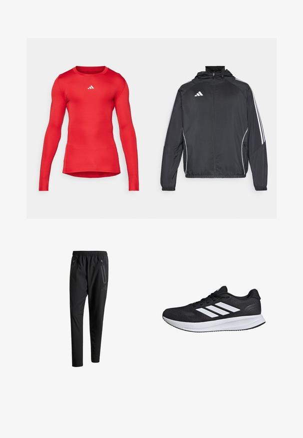 Black athletic jacket with a hood, featuring white stripes along the sleeves and a zippered front. Made from a smooth, lightweight fabric.; Red long-sleeve athletic shirt made of smooth, stretchy fabric; fitted design; features a small white logo near the neckline.; Black athletic pants with an elastic waistband, two zippered side pockets, tapered legs, and a subtle logo detail on the hip.; Black athletic shoe with white stripes, mesh upper, cushioned sole, and textured accents. Features a lace-up design and brand logo on the tongue.