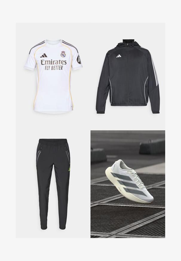 Svart idrottsjacka med huva, med vita ränder längs ärmarna och dragkedja framtill. Tillverkad av ett mjukt, lätt material.; Vit fotbollströja i lätt tyg, med gula accenter, svarta ränder på axlarna och lagets logotyp på bröstet.; adidas Performance REAL MADRID TIRO25 PRO VIS TECH TRAVEL PANT - Klubbkläder - black/lucid lemon; Vitt sportskor med texturerat mesh-överdel, med grå ränder och en dämpad sula. Lätt design som passar för löpning.