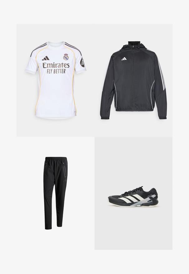 Černá sportovní bunda s kapucí, s bílými pruhy podél rukávů a s předním zipem. Vyrobena z hladkého, lehkého materiálu.; Bílý fotbalový dres vyrobený z lehkého materiálu, s žlutými akcenty, černými pruhy na ramenou a týmovým logem na hrudi.; Černé sportovní kalhoty s elastickým pasem, dvěma zipovými bočními kapsami, zúženými nohavicemi a decentním logem na boku.; Černá sportovní obuv s bílými pruhy, síťovaným svrškem, zaoblenou špičkou a polstrovanou podrážkou. Obsahuje texturovanou patu a bezpečný systém šněrování.