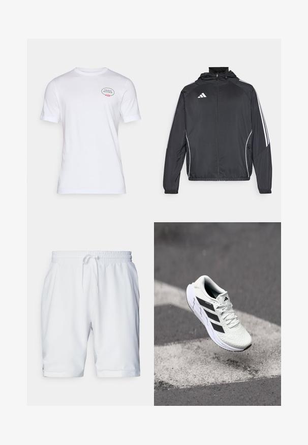 Musta urheilu takki hupulla, jossa on valkoiset raidat hihoissa ja vetoketjuzulu etupuolella. Valmistettu sileästä, kevyestä kankaasta.; Valkoinen puuvillapaita, jossa on lyhyet hihat, pyöreä kaula-aukko ja logotypografia kukkakoristeilla vasemmassa rinnassa.; Valkoiset urheilushortsit, joissa on joustava vyötärö ja säädettävä nauha. Liukas kangas, jossa on hienovarainen rakenne, ja sivutaskut.; Valkoinen urheilujalkine, jossa on teksturoitu verkkomateriaali, mustat raidat, nauhakiinnitys ja pehmustettu pohja, leijuu merkittyjen tienpintojen yllä.