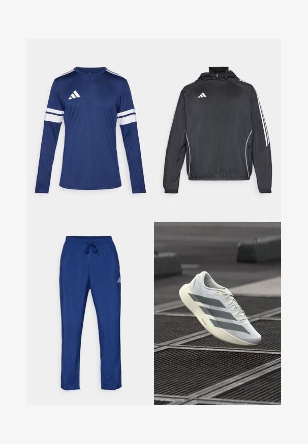 Must värvi sportlik jakk kapuutsiga, millel on valged triibud varrukatel ja lukuga esiosa. Valmistatud siledast, kergest kangast.; Tume sinise kangaga pikkade varrukatega spordipaita. Varrukatel on valged triibud ning õlavarre piirkonnas kolm valget triipu. Rinnal on Adidas logo.; Tumesinine sportlikud püksid, millel on elastne vöökoht ja nöör. Küljel on diskreetne logo ja sääreõmblustes lukuga avad.; Valge sportlik jalanõu tekstureeritud võrgus ülaosaga, hallide triipude ja pehmendusega tallaga. Kerge disain, sobib jooksmiseks.