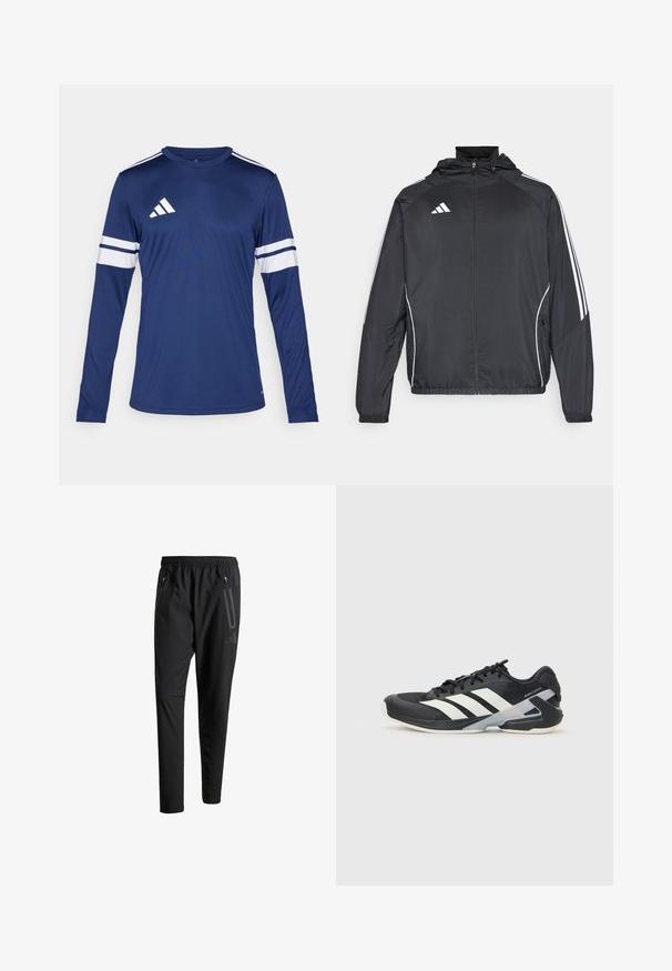 Svart sportsjakke med hette, med hvite striper langs ermene og glidelås foran. Laget av et glatt, lett stoff.; Langermet atletisk skjorte i mørk blått stoff. Har hvite striper på ermene og tre hvite striper på skulderen. Adidas-logo på brystet.; Svarte treningsbukser med elastisk liv, to glidelåslommer på sidene, avsmalnende ben og en subtil logo detalj ved hoften.; Svart treningssko med hvite striper, mesh-overdel, avrundet tå og polstret såle. Har en teksturert hæl og et sikkert snøresystem.