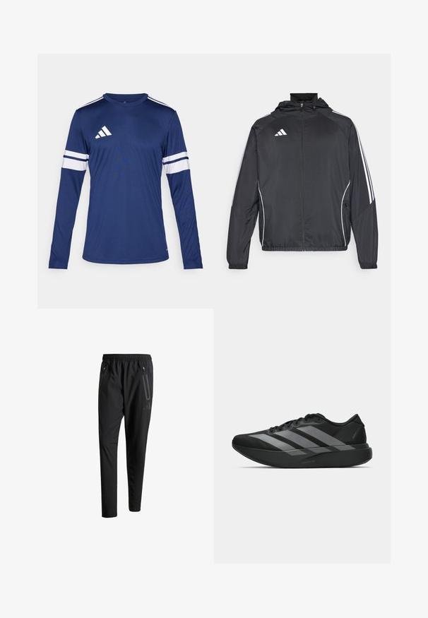 Jachetă sport neagră cu glugă, decorată cu dungi albe pe mâneci și cu fermoar în față. Fabricată dintr-un material neted și ușor.; Cămașă sport cu mâneci lungi dintr-un material albastru închis. Prezintă dungi albe pe mâneci și trei dungi albe pe umăr. Logo-ul Adidas pe piept.; Pantaloni atletici negri cu talie elastică, două buzunare laterale cu fermoar, picioare conice și un detaliu logo discret pe șold.; Pantofi sport negri cu un design ușor, prezentând trei dungi gri proeminente, o textură netedă și o talpă conturată.