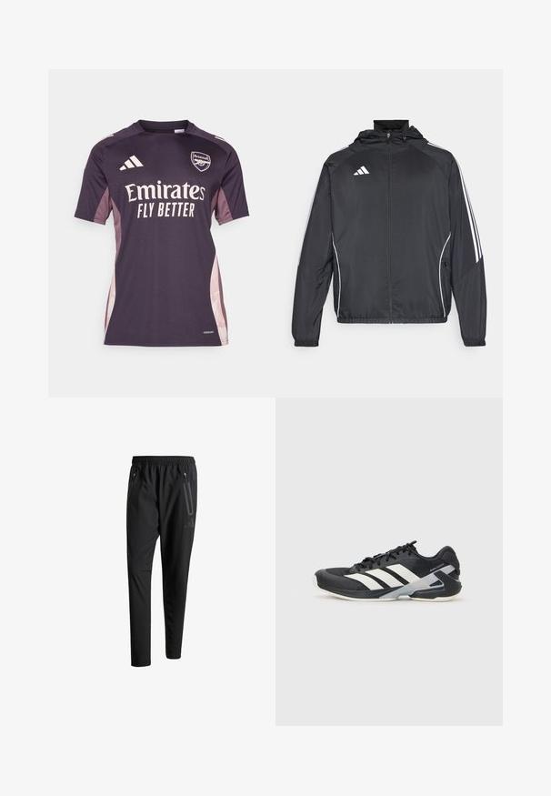 Svart sportsjakke med hette, med hvite striper langs ermene og glidelås foran. Laget av et glatt, lett stoff.; Mørkelilla fotballdrakt med kort erm, som har lyse rosa sidepaneler, brodert klubblogo og stor hvit sponsortekst.; Svarte treningsbukser med elastisk liv, to glidelåslommer på sidene, avsmalnende ben og en subtil logo detalj ved hoften.; Svart treningssko med hvite striper, mesh-overdel, avrundet tå og polstret såle. Har en teksturert hæl og et sikkert snøresystem.