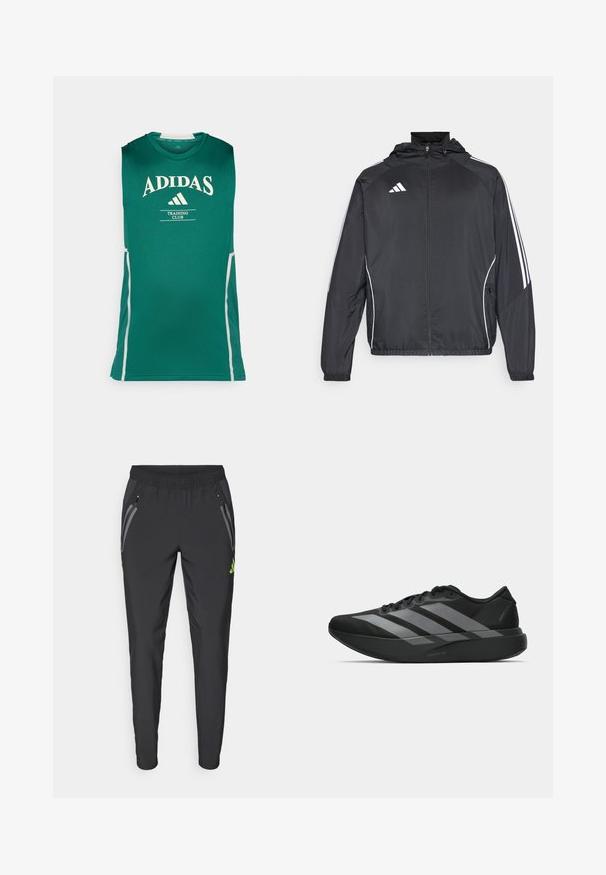 Casaco atlético preto com capuz, apresentando riscas brancas ao longo das mangas e um fecho éclair na frente. Fabricado em um tecido liso e leve.; Top atlético sem mangas verde, feito de tecido leve, com o logotipo "ADIDAS" em branco e detalhes cinzentos nas laterais.; adidas Performance REAL MADRID TIRO25 PRO VIS TECH TRAVEL PANT - Roupa de discoteca - black/lucid lemon; Sapatilhas desportivas pretas com um design leve, apresentando três faixas cinzas proeminentes, uma textura suave e uma sola contornada.