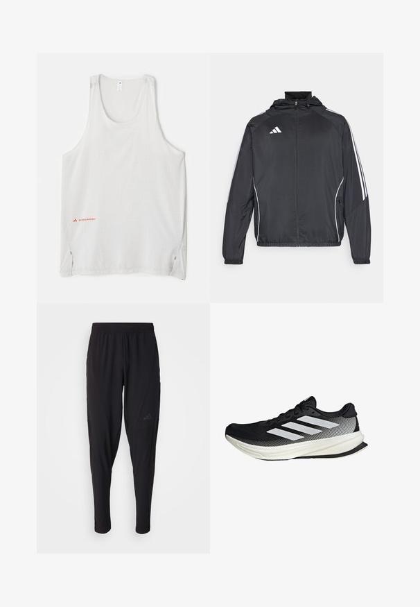 Schwarze Sportjacke mit Kapuze, ausgestattet mit weißen Streifen an den Ärmeln und einem Reißverschluss vorne. Hergestellt aus einem glatten, leichten Stoff.; Weißes ärmelloses Tanktop aus leichtem Stoff, mit kleinen Punktemustern und seitlichen Schlitzen. Markenlogo in Rot unten links.; Schwarze Sporthosen mit elastischem Bund, tailliertem Design, Seitentaschen und dezenten Logo-Details. Hergestellt aus flexiblem, atmungsaktivem Material.; Schwarzer Sportschuh mit einem Mesh-Design, ausgestattet mit weißen Streifen, einer runden Zehenpartie und einer strukturierten Sohle für Grip und Unterstützung.