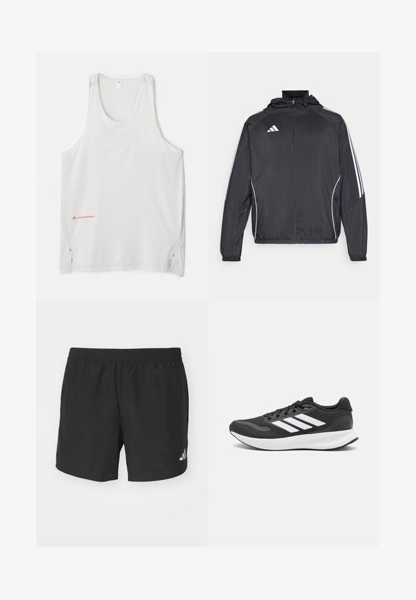Giacca atletica nera con cappuccio, caratterizzata da strisce bianche lungo le maniche e chiusura con zip frontale. Realizzata in un tessuto liscio e leggero.; Canotta bianca senza maniche realizzata in tessuto leggero, con piccoli motivi a pois e spacchi laterali. Logo del marchio in rosso sul lato in basso a sinistra.; Pantaloni corti sportivi neri con vita elastica, fessure laterali e dettagli riflettenti del logo. Realizzati in un tessuto leggero e liscio.; Scarpa sportiva nera con tomaia in mesh traspirante, dettagli bianchi e suola ammortizzata. Presenta il logo con tre strisce sul lato.
