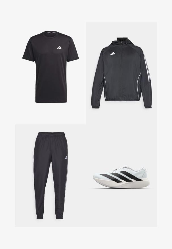 Must värvi sportlik jakk kapuutsiga, millel on valged triibud varrukatel ja lukuga esiosa. Valmistatud siledast, kergest kangast.; Must must t-särk, mis on valmistatud hingavast kangast, ümarate krae, lühikeste varrukate ja valge logoga rinnal. Tekstuuriga disain.; Mustad musthantsihed, millel on elastne vöökoht, valgete triipudega külgedel ja väike logo puusal. Sujuv tekstuur.; Kerged jooksujalatsid helesinises värvuses mustade triipudega. Omavad siledat pealispinda, ümarat varvase osa ja paksu valget vahemõõtu, millel on silt "LIGHTSTRIKE PRO".