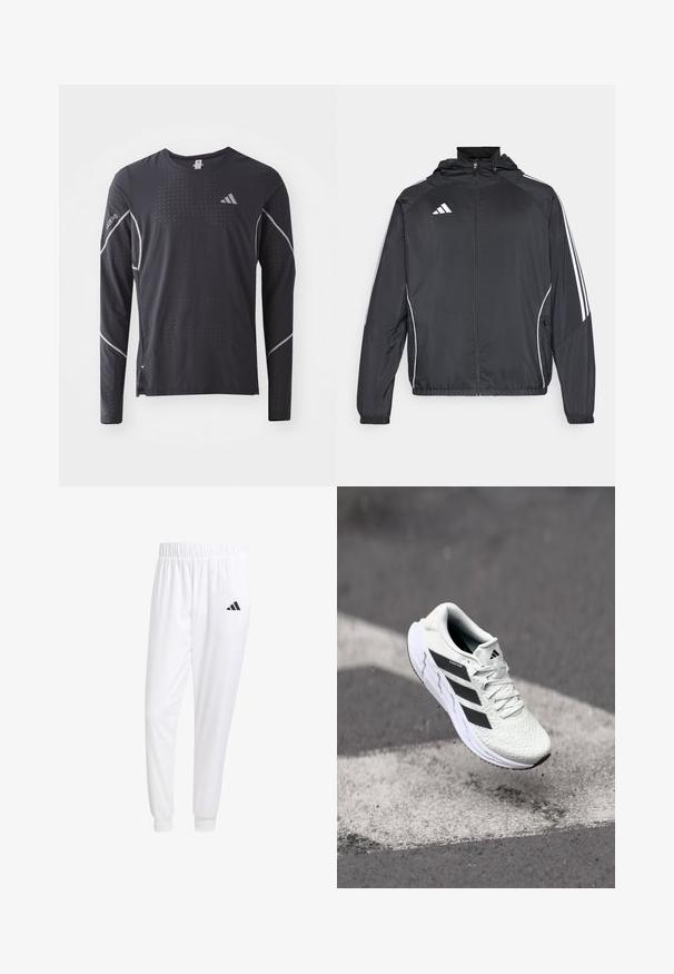 Črna športna jakna s kapuco, z belimi črtami ob rokavih in z zadrgo spredaj. Narejena iz gladkega, lahkega materiala.; adidas Performance TEE - Majica z dolgimi rokavi - black; Bele atletske hlače iz gladkega materiala, z elastičnim pasom in prilagojenimi manšetami, na zadnjem žepu pa je črna logo.; Bela atletska čevlja z teksturiranim mrežastim zgornjim delom, črnimi črtami, zavezovanjem na vezalke in oblazinjenim podplatom, lebdi nad označeno cesto.