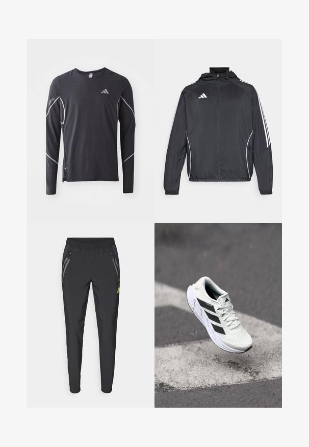 Juodas sportinis džemperis su kapišonu, turintis baltas juosteles palei rankoves ir užtrauktuką priekyje. Pagamintas iš lygaus, lengvo audinio.; adidas Performance TEE - Ilgarankovis viršutinės dalies drabužis - black; adidas Performance REAL MADRID TIRO25 PRO VIS TECH TRAVEL PANT - Sporto klubų atributika - black/lucid lemon; Balti sportiniai batai su tekstūruota tinkleliu viršuje, juodomis juostelėmis, su raištelių uždarymu ir paminkštintu padu, kabo virš pažymėtos kelio dangos.