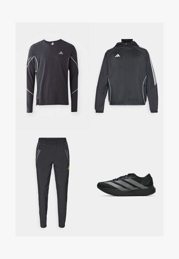 Schwarze Sportjacke mit Kapuze, ausgestattet mit weißen Streifen an den Ärmeln und einem Reißverschluss vorne. Hergestellt aus einem glatten, leichten Stoff.; adidas Performance TEE - Langarmshirt - black; adidas Performance REAL MADRID TIRO25 PRO VIS TECH TRAVEL PANT - Vereinsmannschaften - black/lucid lemon; Schwarze Sportschuhe mit einem leichten Design, ausgestattet mit drei auffälligen grauen Streifen, einer glatten Textur und einer konturierten Sohle.