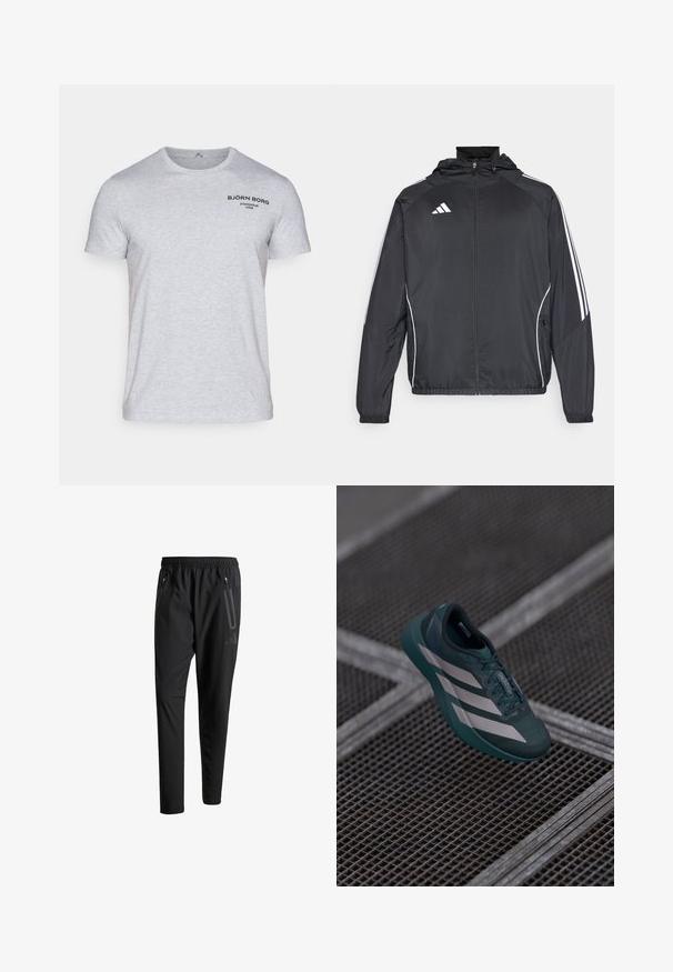 Fekete sportos dzseki kapucnival, fehér csíkokkal az ujjak mentén és cipzáras elülső résszel. Simább, könnyű anyagból készült.; Világosszürke pamut póló, rövid ujjal és kerek nyakkivágással. Fekete logó nyomtatva a bal felső mellen.; Fekete sportos nadrág elasztikus derékpánttal, két cipzáras oldalt zsebbel, tapered lábakkal és diszkrét logóval a csípőn.; Sötét teal színű sportcipő texturált felsőrésszel, három fehér csíkkal, lekerekített orral és párnázott talppal.