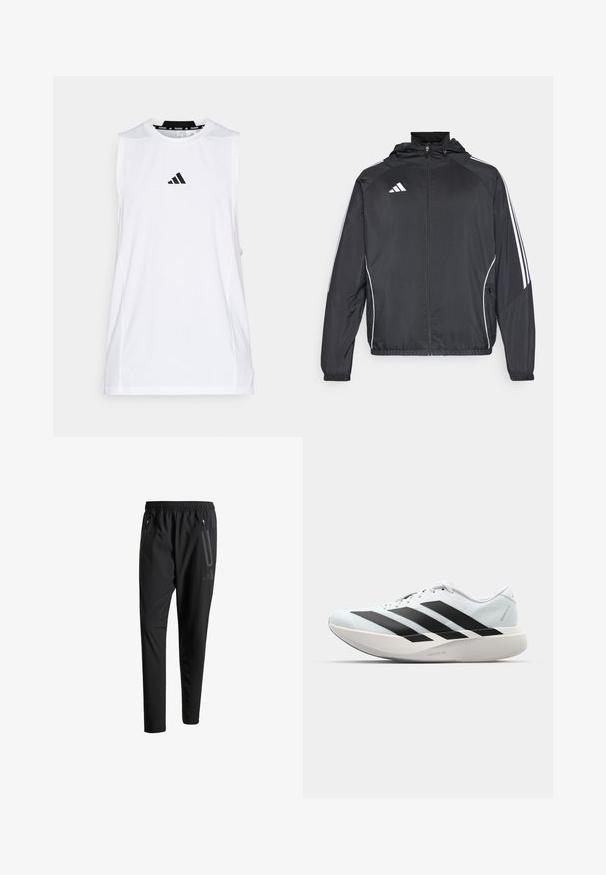 Chaqueta atlética negra con capucha, con rayas blancas a lo largo de las mangas y un cierre frontal con cremallera. Hecha de un tejido suave y ligero.; adidas Performance TANK - Top - white; Pantalones deportivos negros con una cintura elástica, dos bolsillos laterales con cremallera, piernas ajustadas y un discreto detalle de logo en la cadera.; Zapatillas de running ligeras en azul pálido con rayas negras. Presentan una parte superior suave, puntera redonda y una gruesa mediasuela blanca etiquetada como "LIGHTSTRIKE PRO".